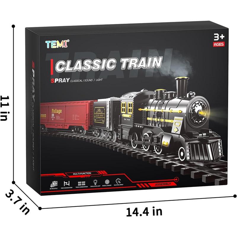 Train Set , Electric Classical Steam Engine Locomotive with Steam, Light and Sounds, Rechargeable Model Trains Kit Toys w Passenger Carriage