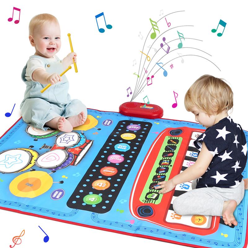 2-in-1 Musical Mat Piano Keyboard & Drum Set with 2 Drum Sticks Educational Learning Toys