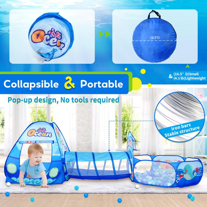 3PC Play Tent with Play Tunnel, Ball Pit, Basketball Hoop Pop Up Playhouse Toys Indoor Outdoor Gifts ages 4-12 indoor tent pit tunnel