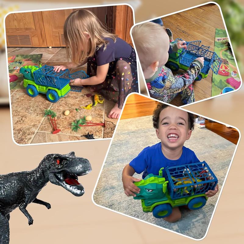 Dinosaur Truck Toys for Kids 3-5 Years, Tyrannosaurus Transport Car Carrier Truck with 8 Dino Figures, Activity Play Mat, Dinosaur Eggs, Trees, Capture Jurassic Play Set for Boys and Girls