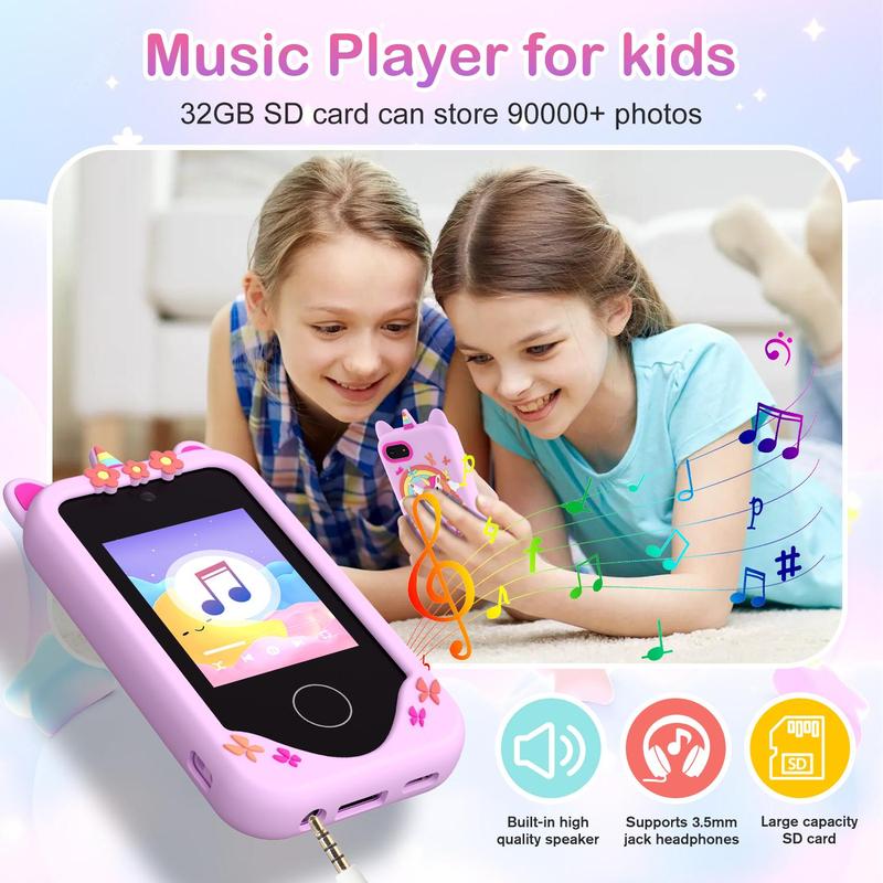 Unicorn Pattern Phone Toy, Learning & Educational Toy with 2.8inch IPS Screen, MP5 Music Player, HD Dual Camera, 1080P Video, Unicorn Protective Cover