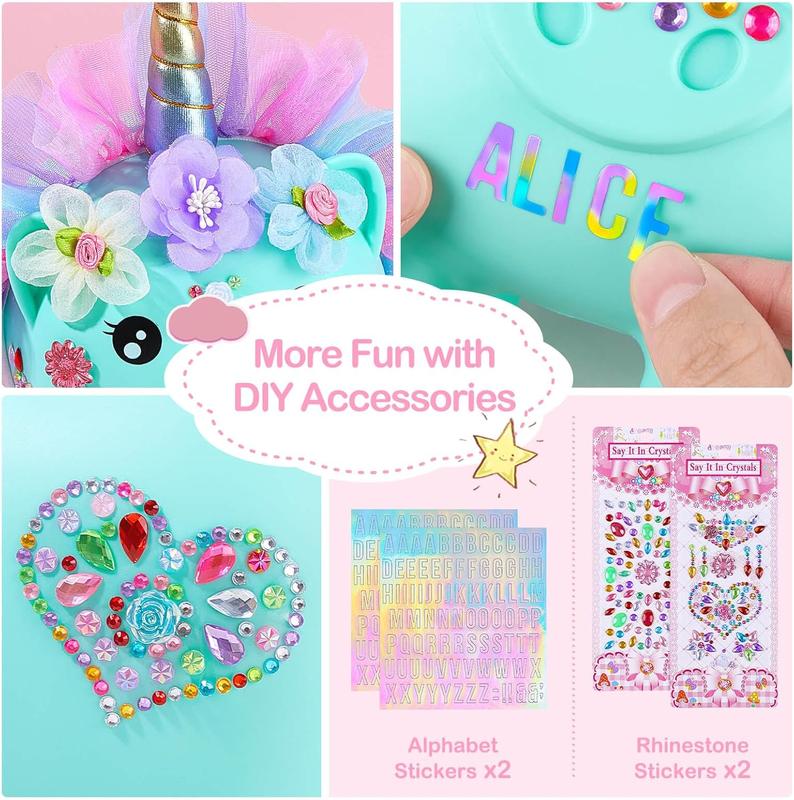 Piggy  for Girls Large Unicorn Piggy Banks with Necklace Bracelet DIY Stickers Cute  Piggybank Unbreakable for   Christmas Birthday Gifts, Green with Blue Purple Dress, M