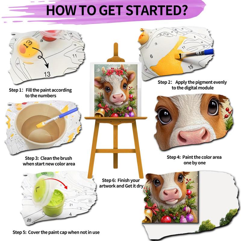 Christmas Themed Cow Pattern DIY Painting by Numbers Kit, 1 Set DIY Paint by Number Kit without Frame, Wall Art Decoration for Home Living Room Bedroom