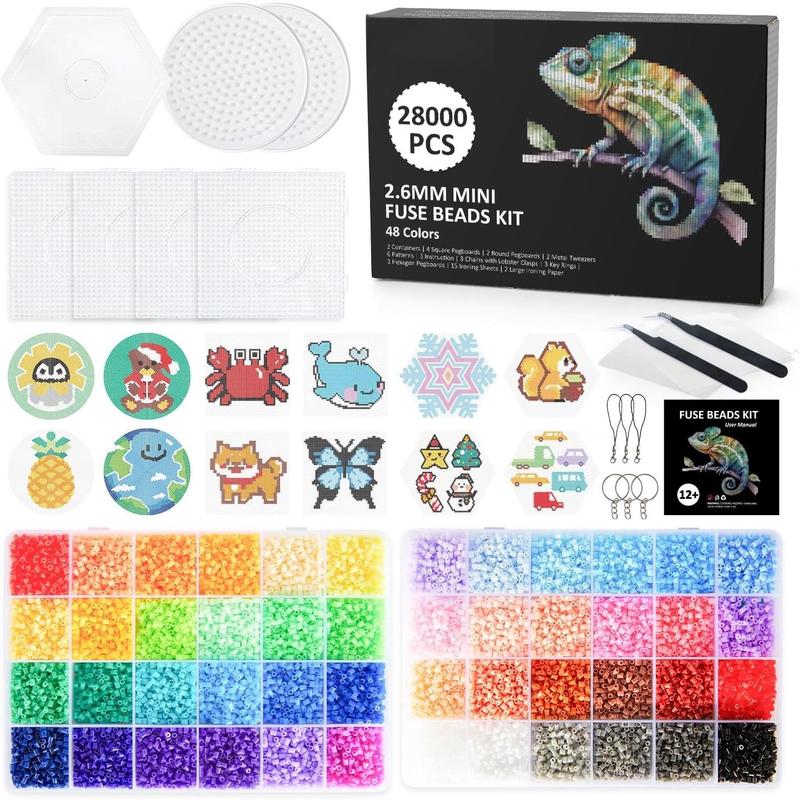 28,000 Mini Fuse Beads kit 2.6mm, 48 Colors 7 Pegboards 15 Ironing Sheets 2 Tweezers 2 Ironing Papers & 6 Chain Accessories Melty Beads Melting Beads Iron Beads Craft Beads Bulk