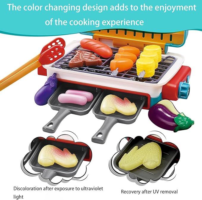 Cooking Simulator Toy with Color Changing Accessories, 31 Count Fun BBQ Kit Gourmet Cooking Box, Magic BBQ Simulation Grill Toy with Sound & Light & Steam Grill Surface for Kids 4-8,Perfect Christmas Gift Or Birthday Gift.