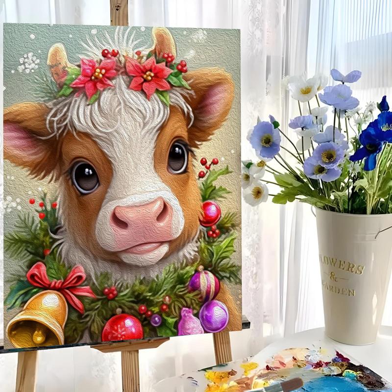 Christmas Themed Cow Pattern DIY Painting by Numbers Kit, 1 Set DIY Paint by Number Kit without Frame, Wall Art Decoration for Home Living Room Bedroom