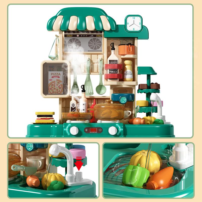 50Pcs Kitchen Playset , Kid Play Kitchen with Realistic Lights & Sounds, Simulation of Spray and Sink, Pretend Food Toys Kitchen for Toddlers (Green)