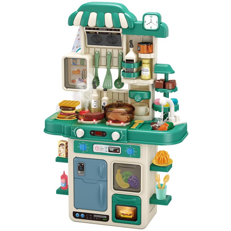 50Pcs Kitchen Playset , Kid Play Kitchen with Realistic Lights & Sounds, Simulation of Spray and Sink, Pretend Food Toys Kitchen for Toddlers (Green)