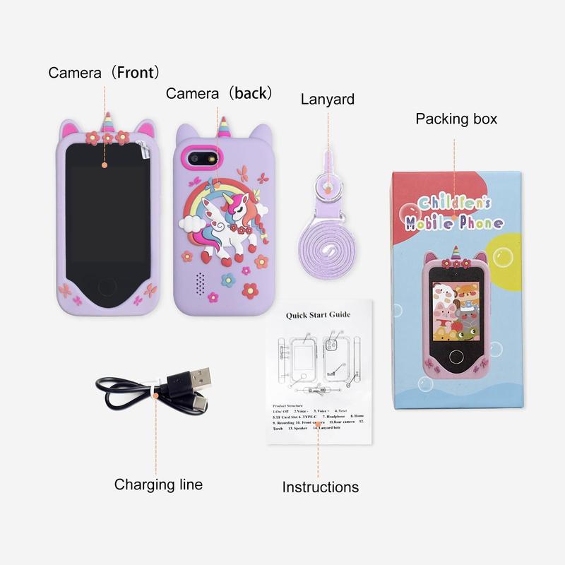 Unicorn Pattern Phone Toy, Learning & Educational Toy with 2.8inch IPS Screen, MP5 Music Player, HD Dual Camera, 1080P Video, Unicorn Protective Cover