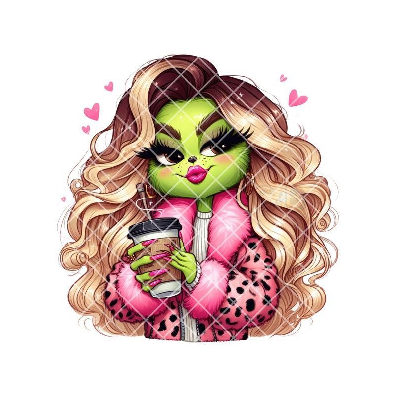 Glam Grinch Lady DTF Transfer - Festive and Stylish