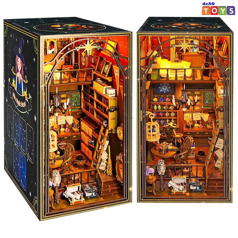 deAO DIY Book Nook Kit, 3D Wooden Puzzles Magic House with Gear Drive and LED Lights, Miniature Dollhouse Bookshelf Insert Model Kits