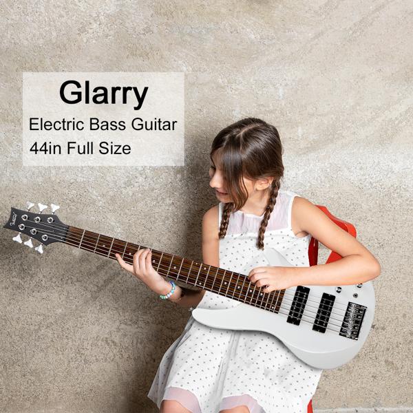 Glarry 44 Inch GIB 6 String H-H Pickup Laurel Wood Fingerboard Electric Bass Guitar with Bag and other Accessories White