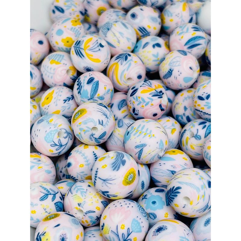 Blue Poppy Printed Silicone Beads | Flower Beads | Printed Beads | Colorful Beads