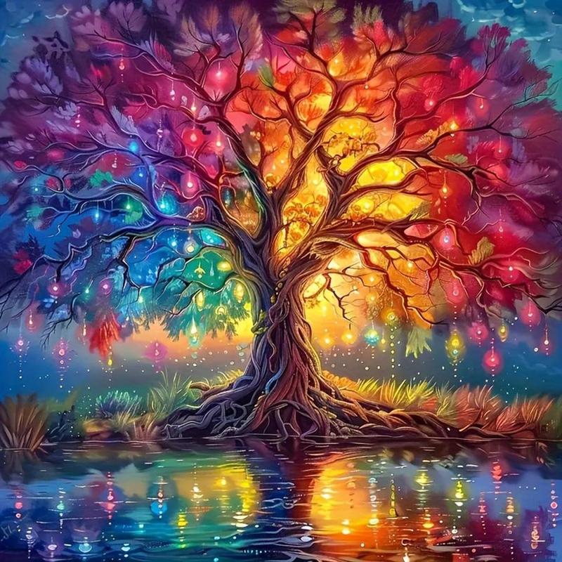 Tree Pattern Diamond Arts Colorful Painting Kit without Frame, DIY 5D Diamond Arts Crafts Kit, Wall Art Decoration for Living Room Bedroom, Christmas Gift