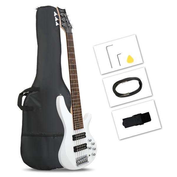 Glarry 44 Inch GIB 6 String H-H Pickup Laurel Wood Fingerboard Electric Bass Guitar with Bag and other Accessories White