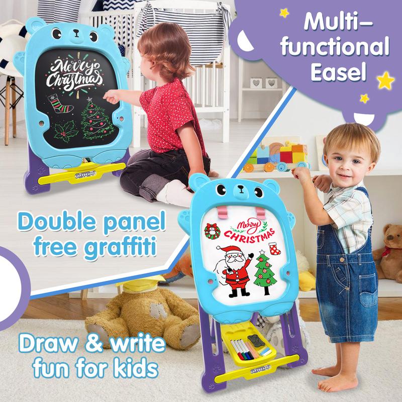 Kids Easels for Toddlers with Chalk Board and Dry Erase Easel, Blue Easel for Toddlers Ages 2-4 & 5-8, Educational and Popular Gift Toys for Girls and Boys, Back to School Gifts for Students