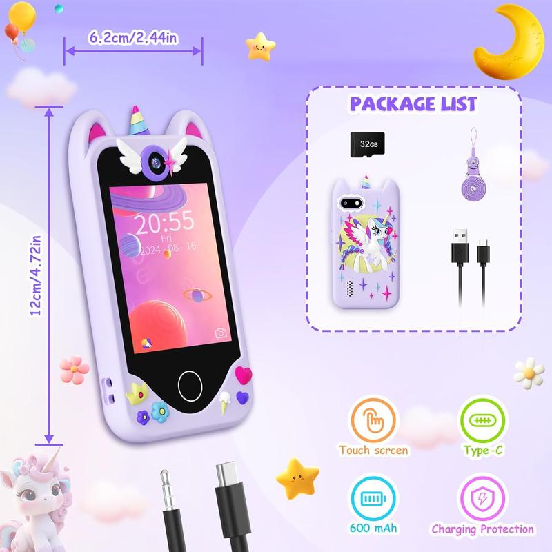 Kids Smart Phone for Girls Gifts - Toddler Christmas Birthday Gift Kids Cell Phone Toy with Touchscreen, Dual Cameras, Learning, Music Player, Games with 32 GB Card