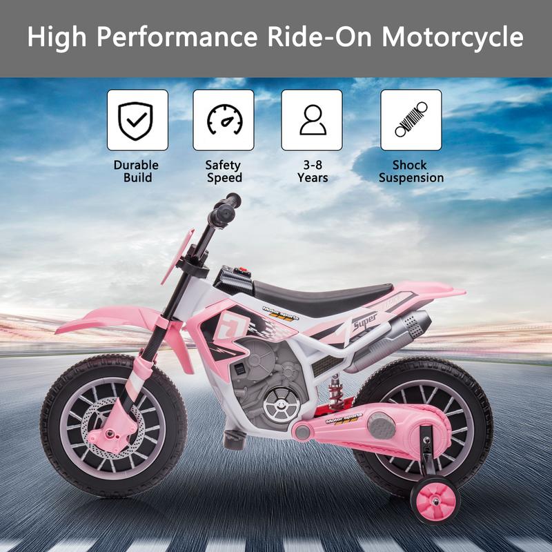 Kids Electric Motorcycle Dirt Bike, 12V 7AH Rechargeable Battery Powered Ride On Off-Road Street Bike with Training Wheels, Ride on Car for Kids to Drive with Built-in Music, Pink