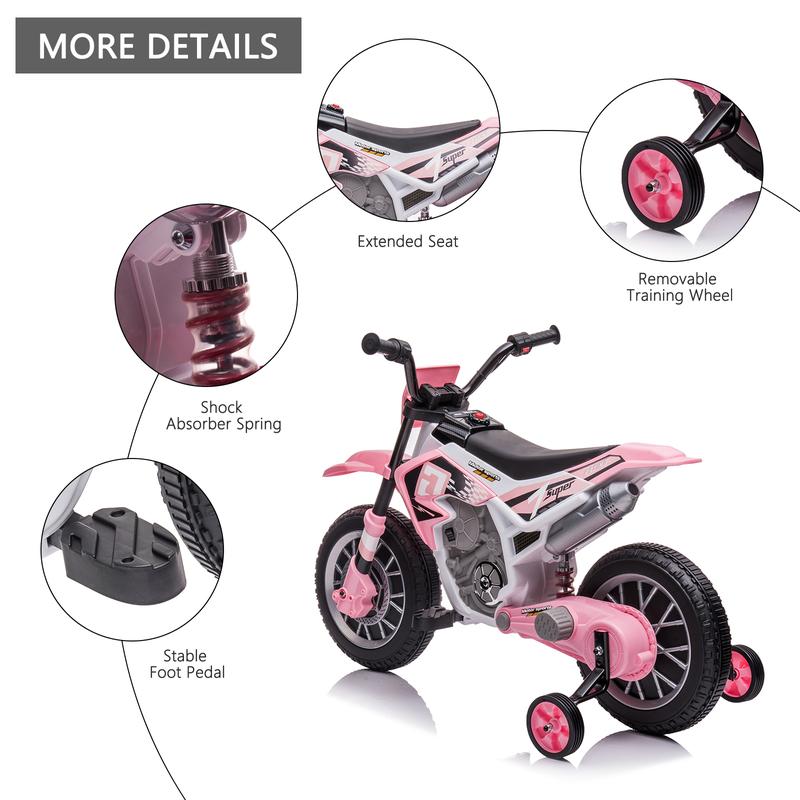 Kids Electric Motorcycle Dirt Bike, 12V 7AH Rechargeable Battery Powered Ride On Off-Road Street Bike with Training Wheels, Ride on Car for Kids to Drive with Built-in Music, Pink