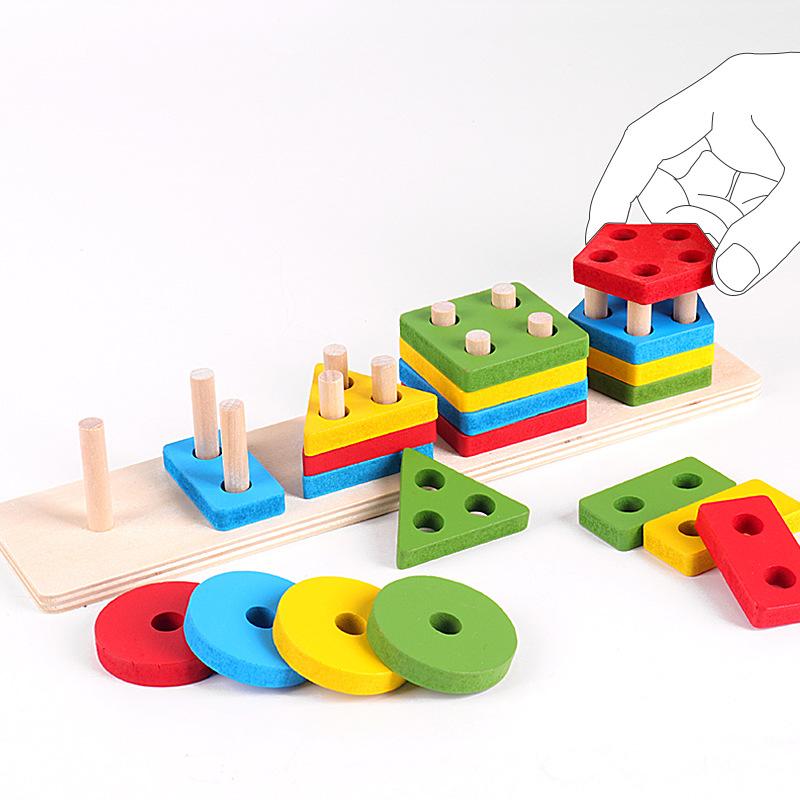 2025 New wooden geometric shape set column five column Montessori early education cognitive building blocks matching kindergarten toys, Christmas gifts, birthday gifts