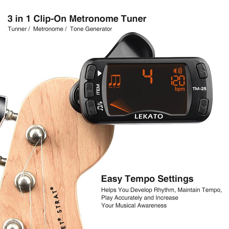 LEKATO Guitar Tuner Clip On Metronome, Tuner, Tone Generator 3 in 1 Multifunction, Portable for All Instruments, Bass, Chromatic Instruments, Violin and Ukulele, Valentine's Day Gift(Battery Clipped on the Silicone Pad), Back to School