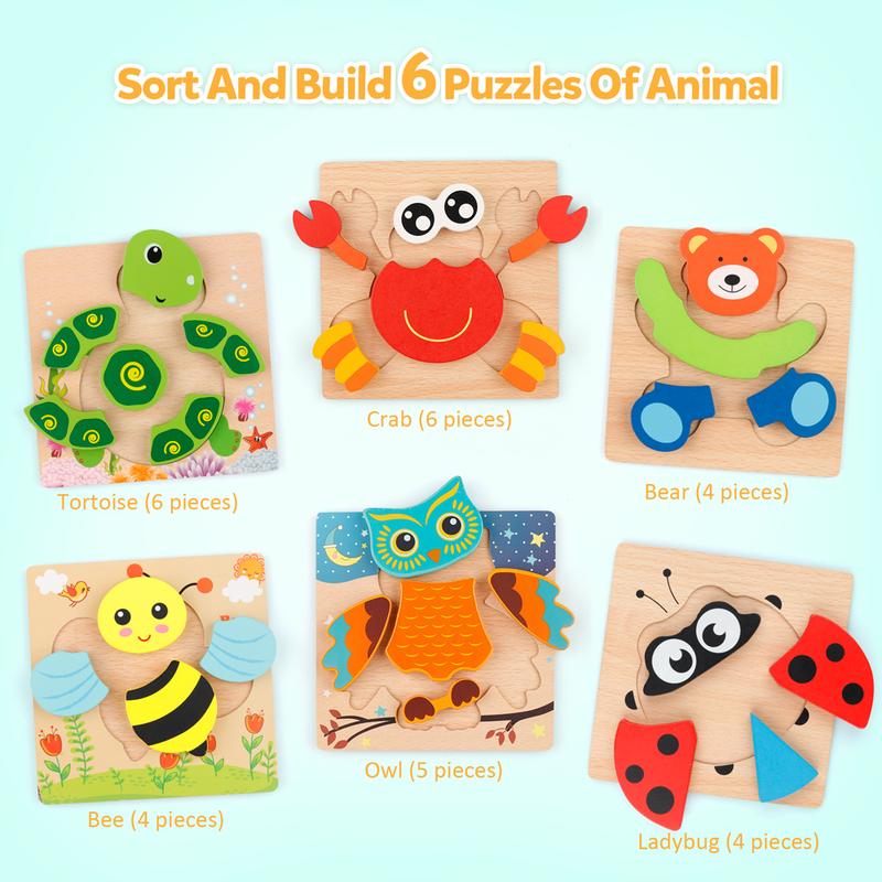 Coogam Wooden Jigsaw Puzzle Set, 6 Pack Animal Shape Block Preschool Educational Toy for Kids