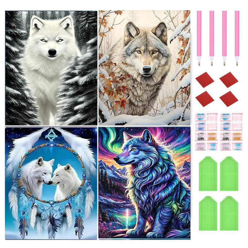 Wolf Pattern DIY Diamond Arts Colorful Painting Kit without Frame, 4 Counts set DIY 5D Colorful Painting Kit, Wall Art Decor for Home Living Room Bedroom