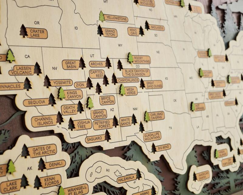 US 3D Wooden National Parks Travel Map with Trees - Record Park Visits (1 Design)