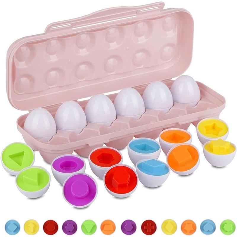 Color Shape Matching Eggs, Kids Learning Sorting Easter Egg Toys, Gifts for Boys Girls to Improve Identification Skills, with Pink Egg Holder, 12 Eggs