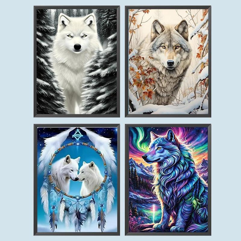 Wolf Pattern DIY Diamond Arts Colorful Painting Kit without Frame, 4 Counts set DIY 5D Colorful Painting Kit, Wall Art Decor for Home Living Room Bedroom