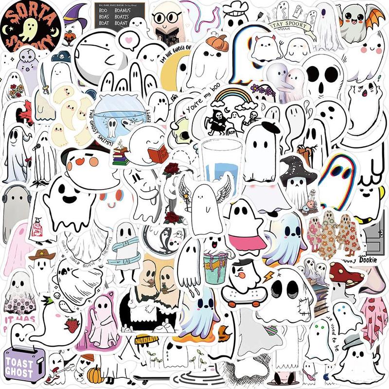 Cartoon Ghost Pattern Sticker Set (100pcs), Waterproof DIY Decoration For Scrapbooking, Crafts And Kids Room Wall Decor, Summer Gift