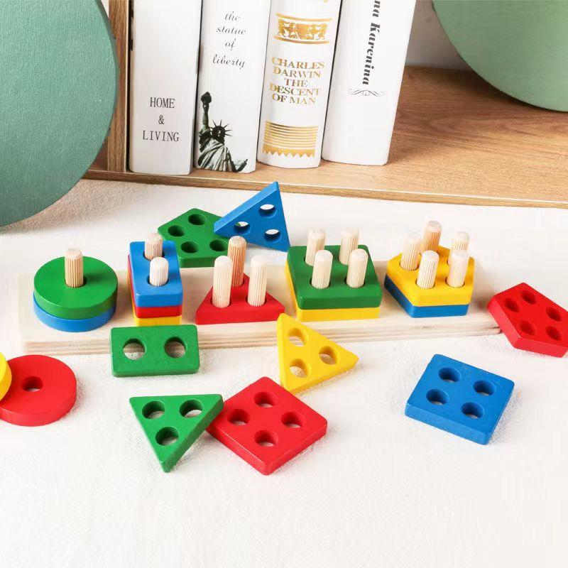 2025 New wooden geometric shape set column five column Montessori early education cognitive building blocks matching kindergarten toys, Christmas gifts, birthday gifts