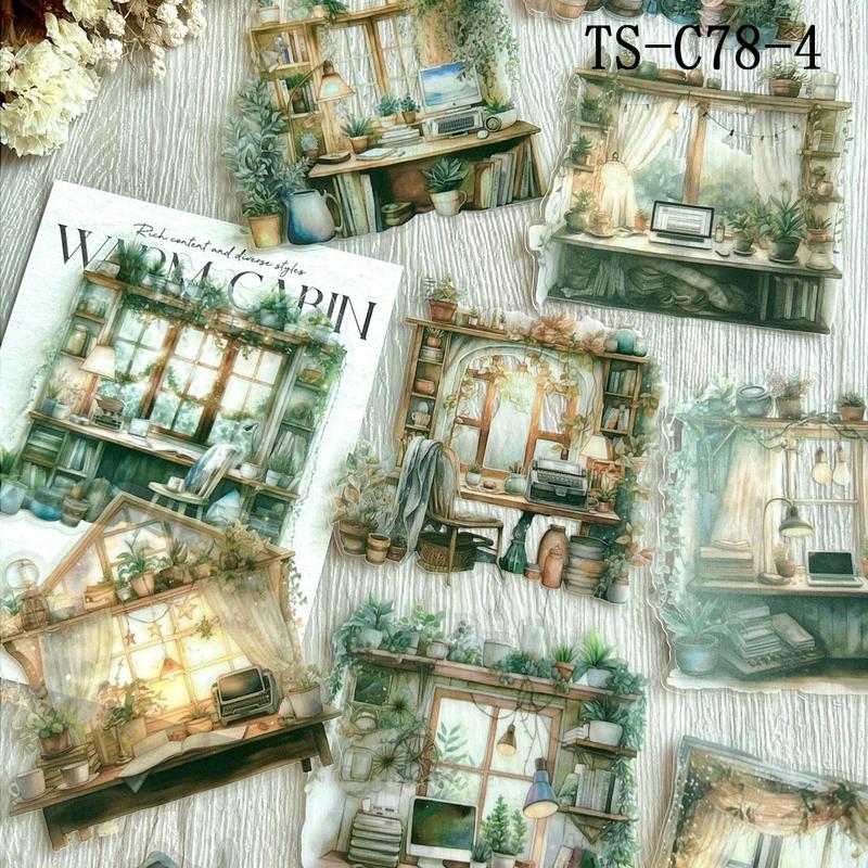 Vintage Castle & Book Pattern Decorative Sticker, 10pcs pack Scrapbooking & Journal Making Material Paper, DIY Decorative Sticker for Christmas Gift