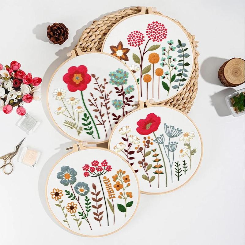 Floral Pattern Embroidery Kit, 4 Counts Floral Embroidery Starter Kit with Random Color Accessories & Instructions, DIY Embroidery Supplies for Beginners