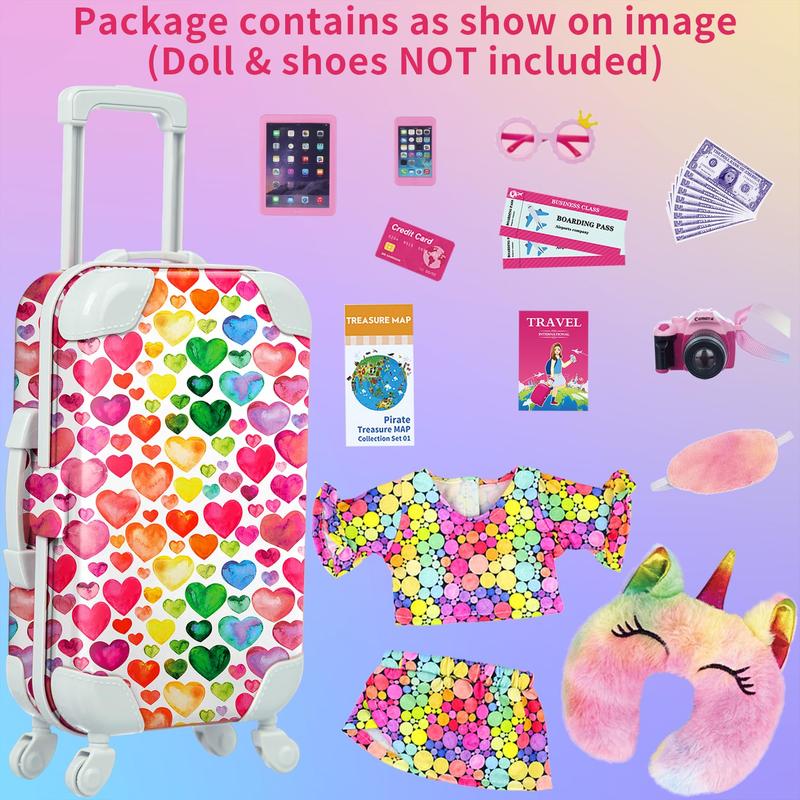 24 Pcs 18 Inch Girl Doll Accessories Doll Travel Suitcase Play Set Included Travel Carrier Clothes Camera Phone Travel Pillow Passport Tickets Cashes Credit Card Map Umbrella