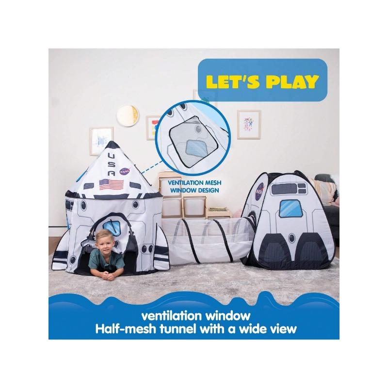 White Rocket Ship Pop Up Play Tent With Tunnel And Playhouse Kids Indoor Outdoor Spaceship Tent Set