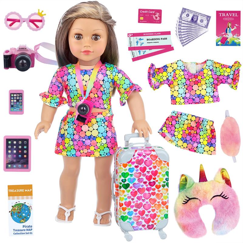 24 Pcs 18 Inch Girl Doll Accessories Doll Travel Suitcase Play Set Included Travel Carrier Clothes Camera Phone Travel Pillow Passport Tickets Cashes Credit Card Map Umbrella