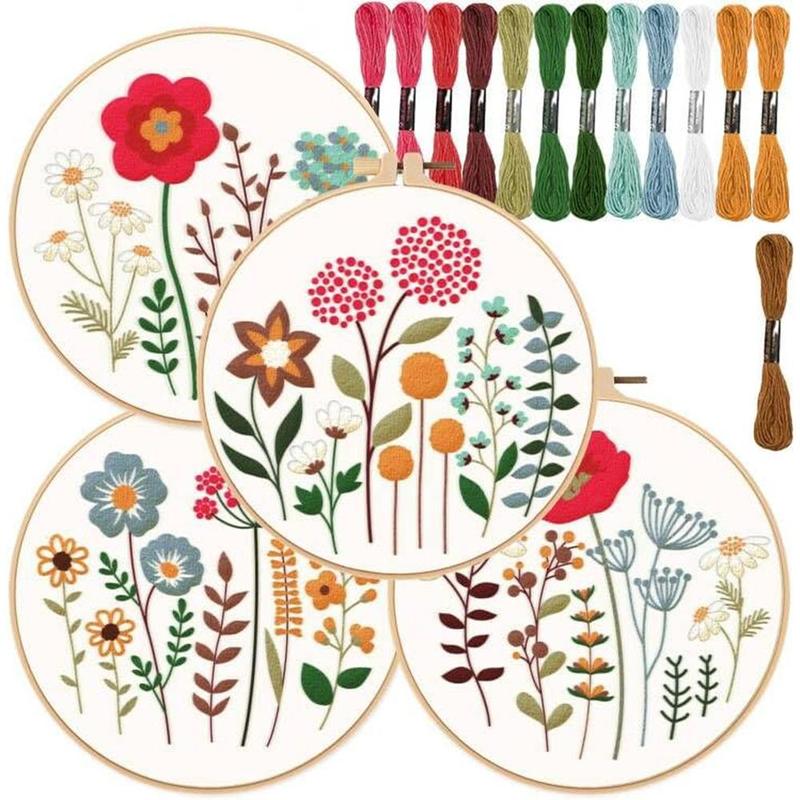 Floral Pattern Embroidery Kit, 4 Counts Floral Embroidery Starter Kit with Random Color Accessories & Instructions, DIY Embroidery Supplies for Beginners