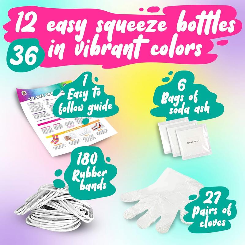 Tie Dye Kit for  & Adults - 36 Large Tye Dye Bottles with 12 Colors & Tie Dye Powder, Soda Ash, Gloves - Tie Dye Kit for Large Groups -  Tyedyedye Kit - Dye for Clothes