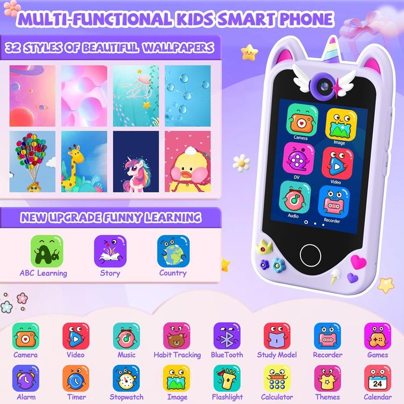 Kids Smart Phone for Girls Gifts - Toddler Christmas Birthday Gift Kids Cell Phone Toy with Touchscreen, Dual Cameras, Learning, Music Player, Games with 32 GB Card