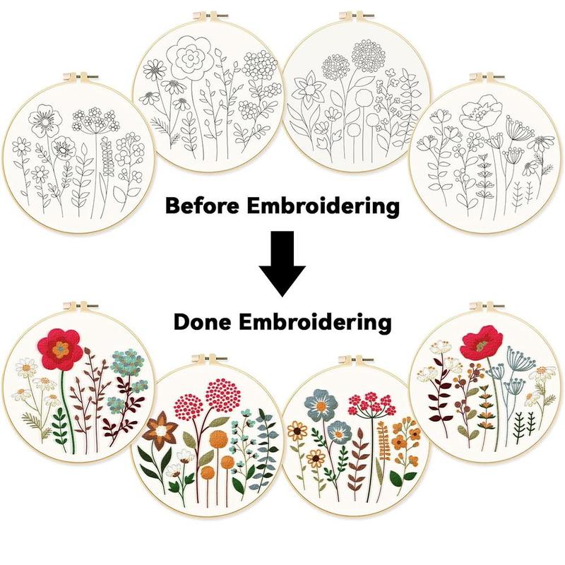 Floral Pattern Embroidery Kit, 4 Counts Floral Embroidery Starter Kit with Random Color Accessories & Instructions, DIY Embroidery Supplies for Beginners