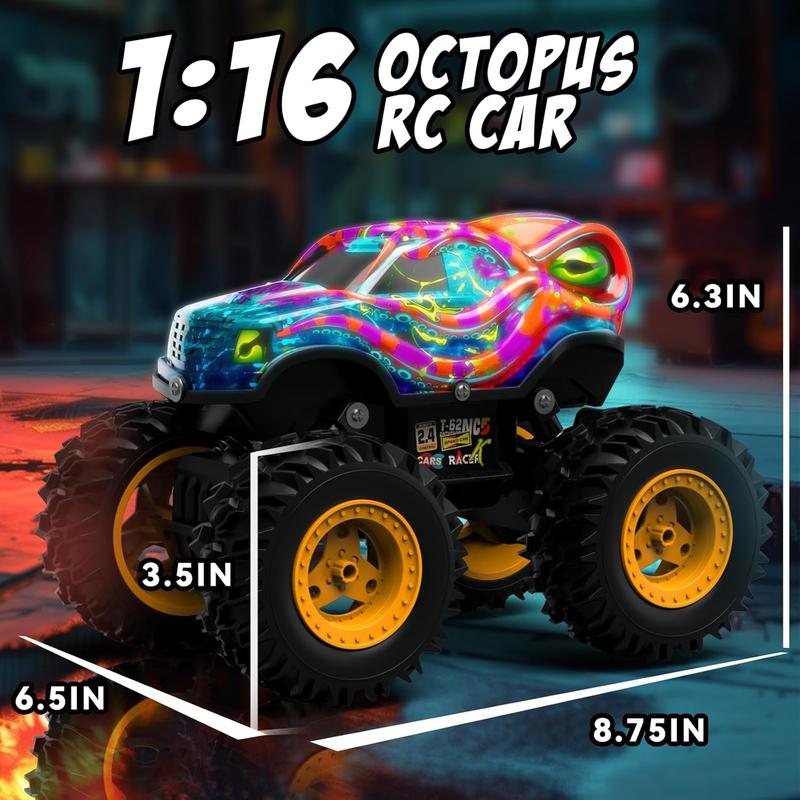 Octopus Monster Truck RC Car for Boys Age 4-8, 1:16 Scale Rechargeable Remote Control Car with LED Lights, Off-Road Vehicle Toy Birthday for 5 6 7 Year Old boy