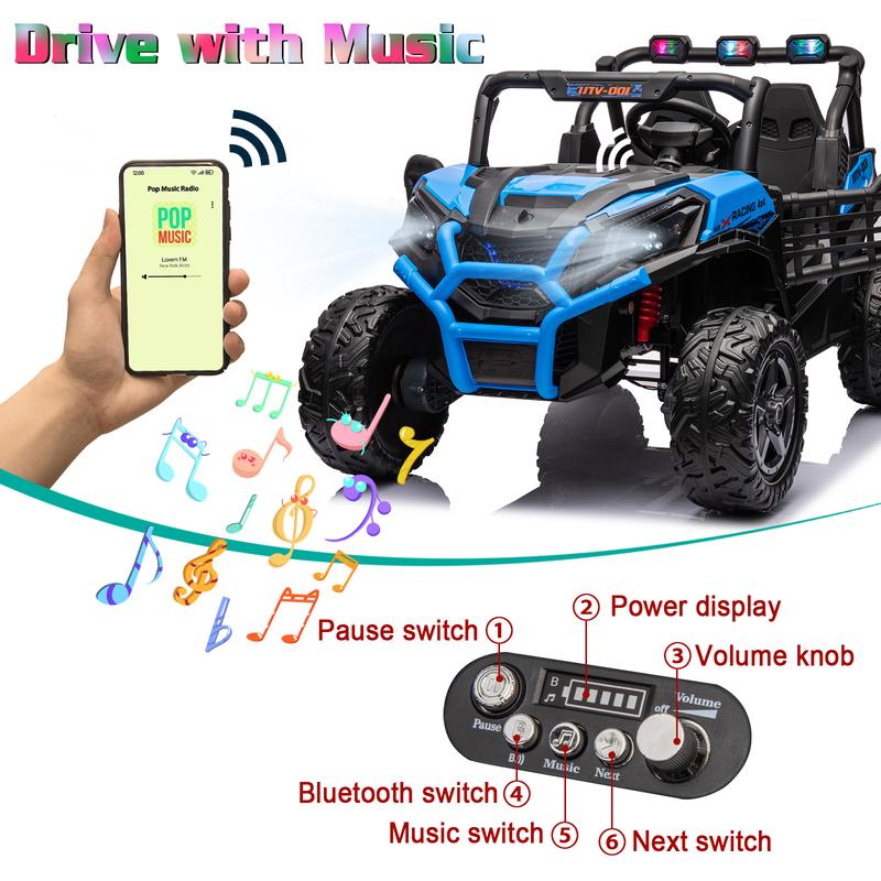 24V 2 Seats Kids Ride on Toy with Remote Control, 4X4 Off-Road UTV Truck Ride on Buggy Car, Battery Powered Kids Electric Vehicle Side by Side w LED Lights, Bluetooth, EVA Rubber Wheels, Blue