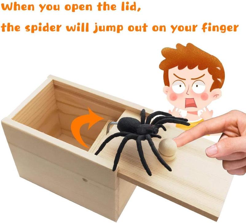 Original Spider Prank Box,Handdmade Wooden Pop Out Rubber Spider Scare Box Joke Toys Prank Adults Prank Gift Halloween