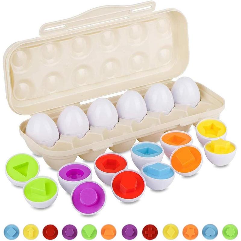 Color Shape Matching Eggs, Kids Learning Sorting Easter Egg Toys, Gifts for Boys Girls to Improve Identification Skills, with Pink Egg Holder, 12 Eggs