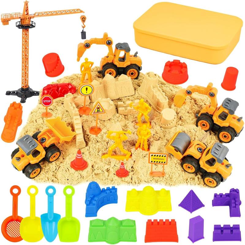 3 otters 32PCS Play Sand Construction Set, 2.2lbs Magnetic Sand, 4 Alloy Construction Vehicle Toys, 12 Sand Molds, 11 Construction Worker Models and Road Signs, 1 Storage Box, Toys for Kids Age 3-8