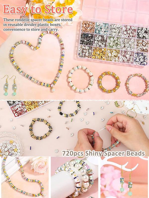 8mm Multi-color Rhinestone Spacer Beads, 720pcs Beads Kit, Perfect for Necklace Bracelet Jewelry DIY Making, Suitable for Pen Decor & Crafting Projects