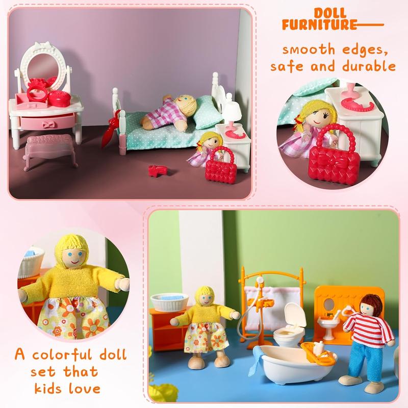 83 Pcs Doll House Furniture Package with 8 Winning Doll Family Set Wooden Bendable Figures and Fully Furnished Kitchen Living Room Bathroom Bedroom Dressable Doll House Furniture Pretend Play Toys