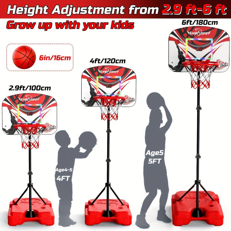 EagleStone Kid Basketball Hoop Indoor, Basketball Hoop Toddler Adjustable Height 2.9ft-6ftLED with Lights & Scoreboard, Mini Hoop Outdoor with 3 Balls, Basketball Toy Gifts Christmas Halloween Gift