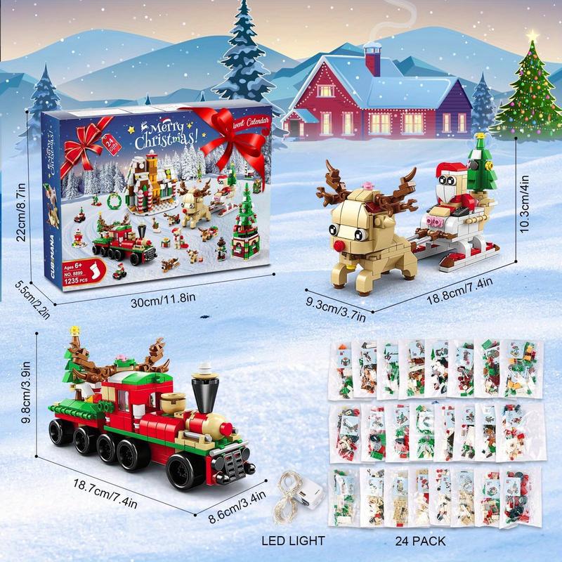 24 Pack Christmas Building Set with LED Light - 28 Models Christmas Blocks Toy for Kid | 1235 PCS Christmas Playset Include Santa Claus Xmas Tree Train Bricks, Gift for Boy Girl 6-12 Year